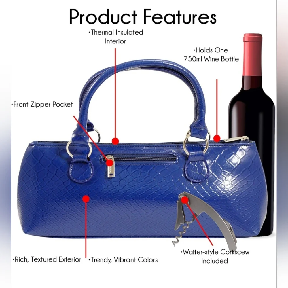 NWOT Primeware Blue Faux Croc Insulated Wine Tote Carrier w/ Corkscrew 🍷